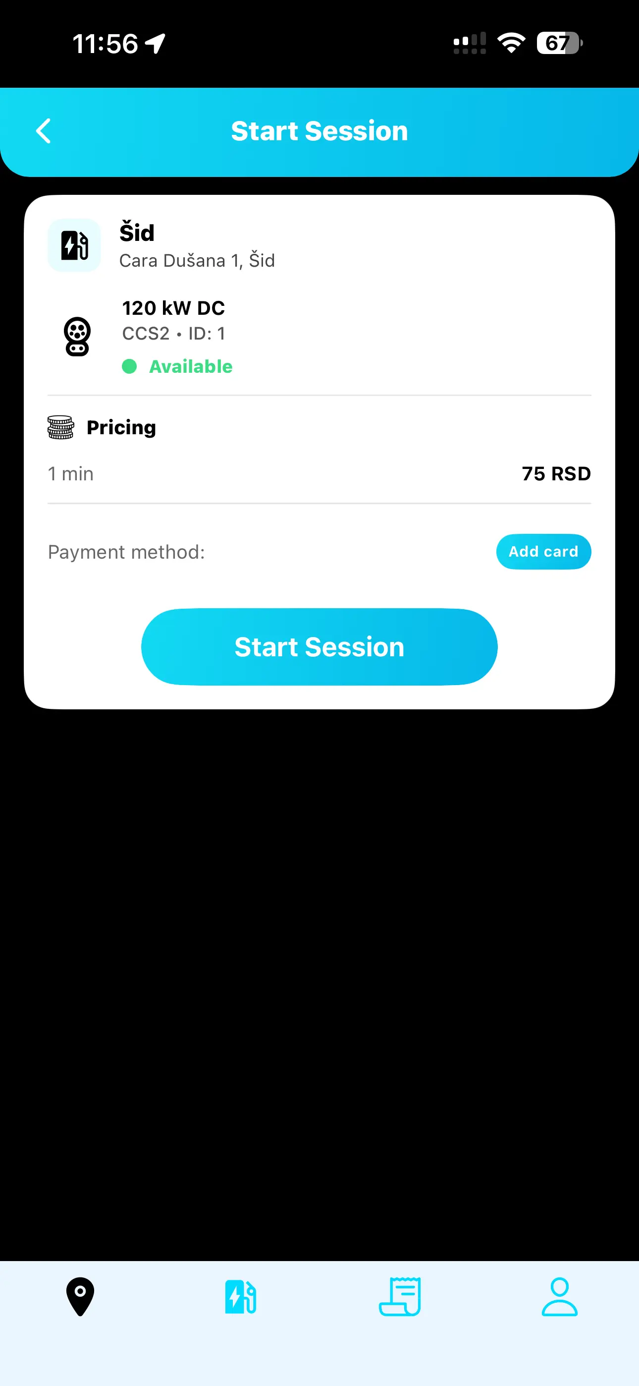 YESLA start session screen